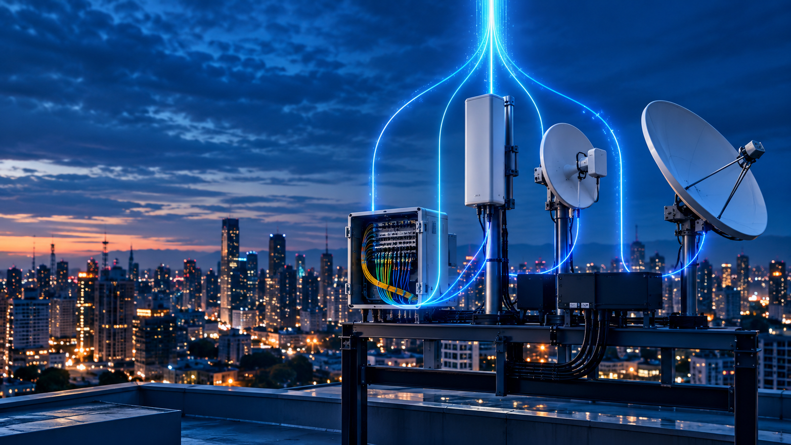 Ilustração de conectividade corporativa agregando fibra, celular, rádio e satélite em uma malha única monitorada.